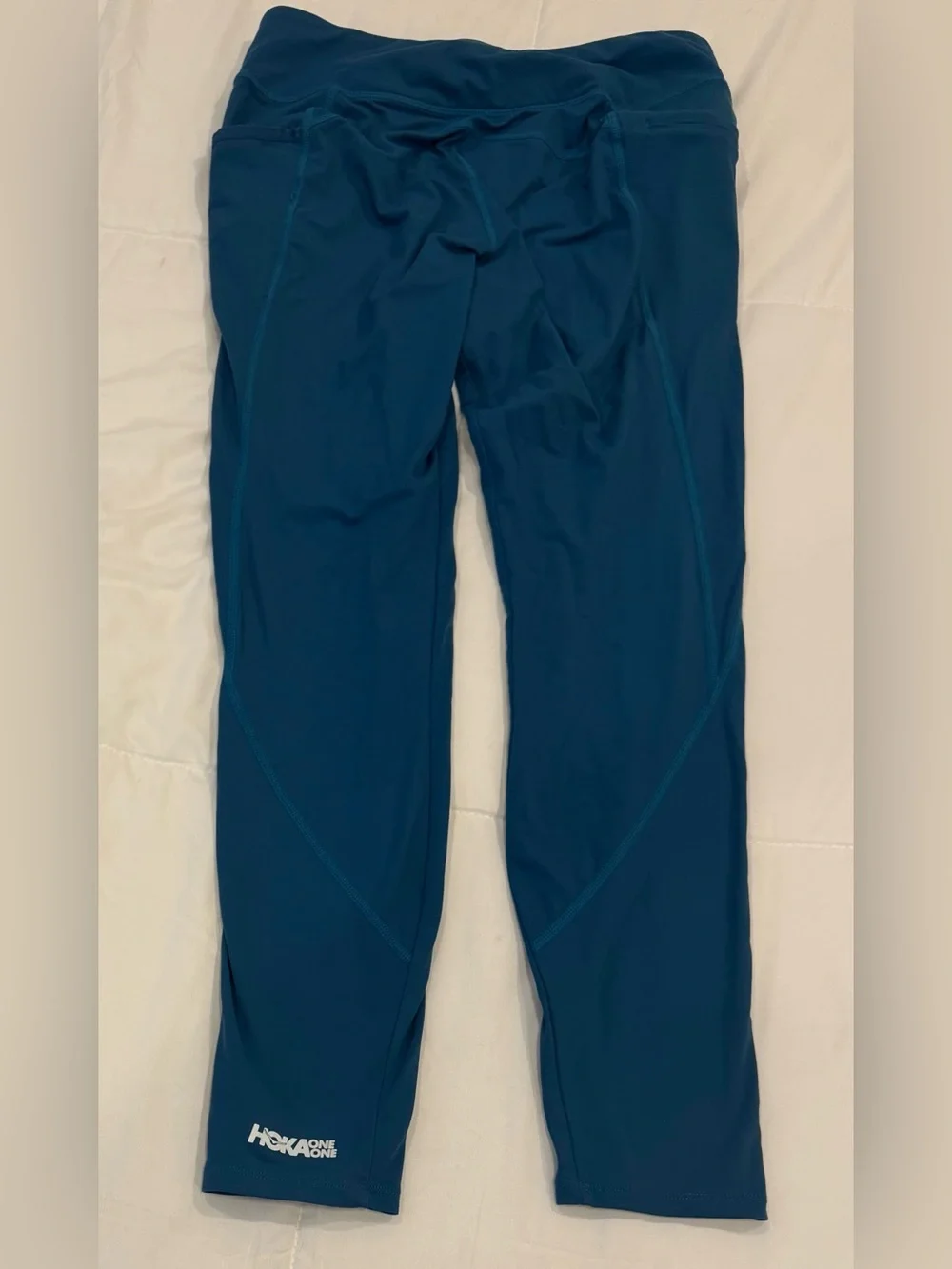 HOKA Women's Performance Crop Tight Blue Steel Teal Size Large Pocket Running